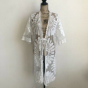 Shein Sheer White Embroidered Cardigan Duster Short Sleeves Cotton One Size